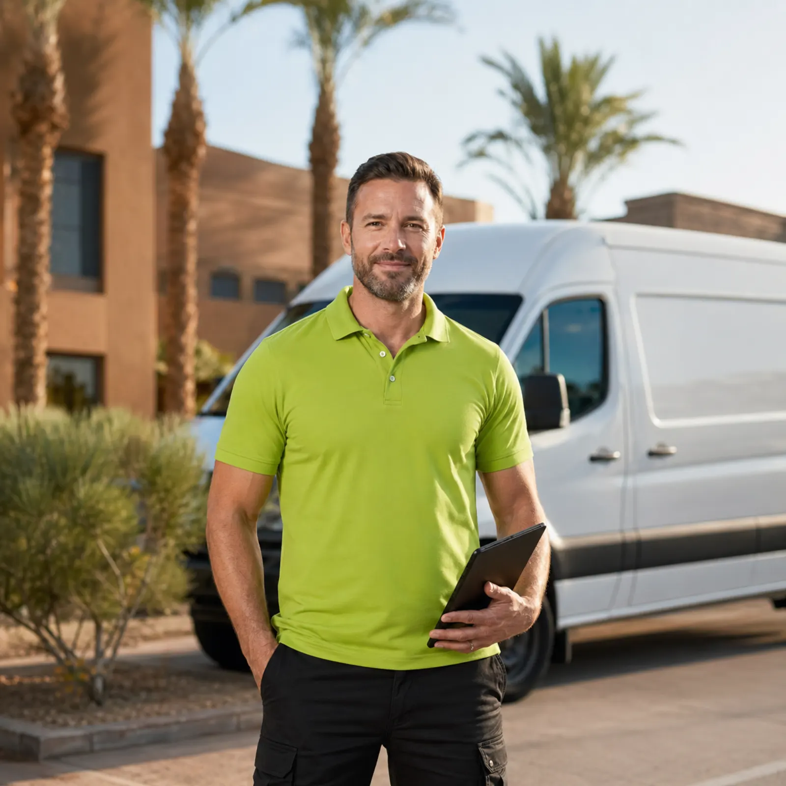 No. 1 Courier driver in lime green polo with delivery iPad and white van